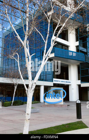 A sign is seen at Intel's corporate headquarters in Santa Clara, California Stock Photo