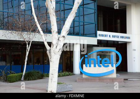 A sign is seen at Intel's corporate headquarters in Santa Clara, California Stock Photo