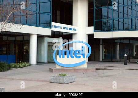 A sign is seen at Intel's corporate headquarters in Santa Clara, California Stock Photo