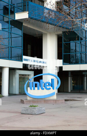 A sign is seen at Intel's corporate headquarters in Santa Clara, California Stock Photo