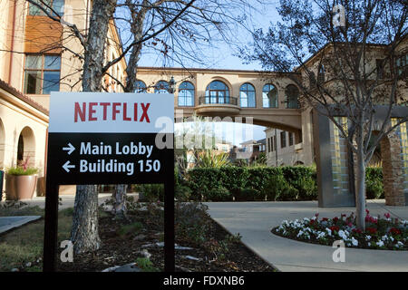 A view of a sign at Netflix's headquarters in Los Gatos, California Stock Photo