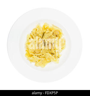 Traditional italian recipe Pasta Macaroni and Chickpeas on a round plate isolated on white background. Also known as Pasta e Cec Stock Photo