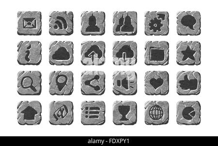 A set of realistic stone textured user interface buttons and icons Stock Photo