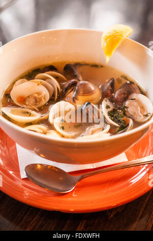 Bowl of Steamer Clams at Waterfront Depot restaurant in Old Town, Florence; Oregon Coast. Stock Photo