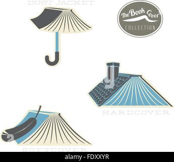 The book cover types icon set: metaphorical, conceptual, clean illustrations. Stock Vector