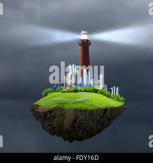 Collage with lighthouse at night with beam of light Stock Photo