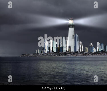 Collage with lighthouse at night with beam of light Stock Photo - Alamy