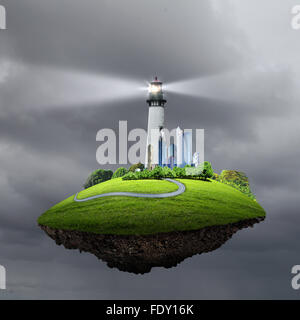 Collage with lighthouse at night with beam of light Stock Photo