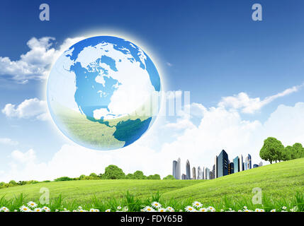 collage of green nature landscape with planet Earth above it Stock Photo