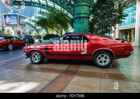 Red Ford Mustang parked at the Paris Casino in Las Vegas, Nevada, USA Stock Photo