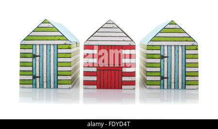 Three Colourful Retro Beach Huts on a White Background Stock Photo