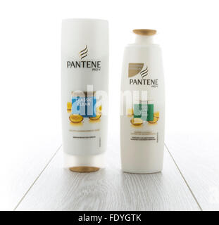 Two bottles of Pantene Hair Care Products. Introduced in Europe in 1947 by Hoffmann-La Roche Stock Photo