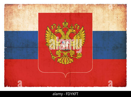 Russische Flagge mit Wappen. Auf der Flagge Inschrift in Russisch Russland  Stock Photo - Alamy