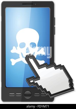 Phone, cursor and danger symbol on a white background. Stock Vector