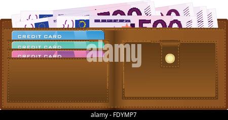 Open wallet with euro banknotes and credit cards. Vector illustration. Stock Vector