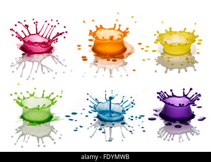 Pink, orange, yellow, green, blue and purple paint splashes isolated on white background Stock Photo