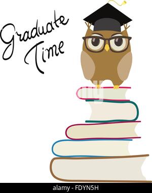 cute cartoon owl with eyeglasses and graduation cap on books. isolated on white vector Stock Vector
