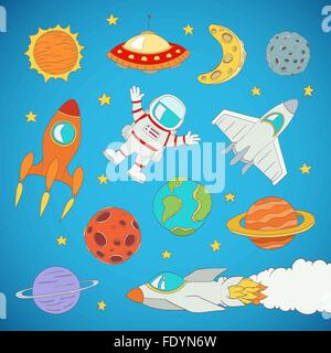 set of cartoon cute outer space astronaut, planets, rockets. vector illustration Stock Vector