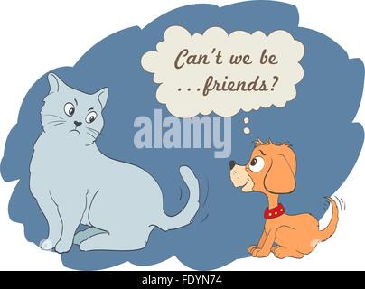 cute cartoon dog and cat with can't we be friends words in a bubble. vector illustration Stock Vector