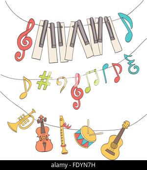 cute musical signs, notes, piano keys, children instruments hanged on a bunting. cartoon vector Stock Vector