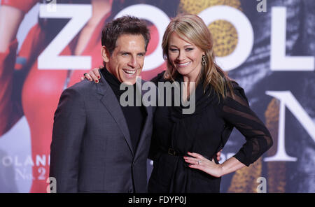 Berlin, Germany. 2nd Feb, 2016. US actor Ben Stiller (L) and his wife Christine Taylor attend the Germany premiere of his new film 'Zoolander No. 2' in Berlin, Germany, 2 February 2016. The film starts in cinemas across Germany on 18 February 2016. Photo: Joerg Carstensen/dpa/Alamy Live News Stock Photo