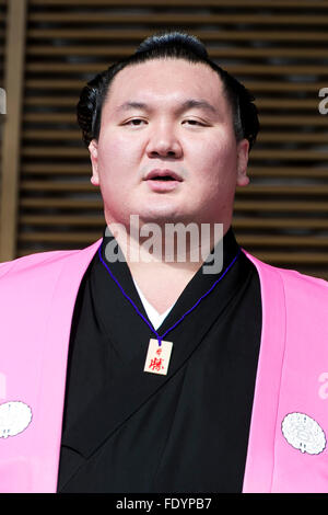 Sumo wrestler and Yokozuna Hakuho Sho attends a Setsubun festival at Naritasan Shinshoji Temple on February 3, 2016, in Chiba, Japan. Setsubun is an annual Japanese festival celebrated on February 3rd and marks the day before the beginning of Spring. Celebrations involve throwing soybeans (known as mamemaki) out of the house to protect against evil spirits and into the house to invite good fortune. In many Japanese families one member will wear an ogre mask whilst others throw beans at him or her. The celebration at Naritasan Shinshoji Temple is one of the biggest in Japan and organizers this Stock Photo