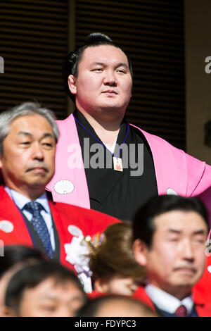 Sumo wrestler and Yokozuna Hakuho Sho attends a Setsubun festival at Naritasan Shinshoji Temple on February 3, 2016, in Chiba, Japan. Setsubun is an annual Japanese festival celebrated on February 3rd and marks the day before the beginning of Spring. Celebrations involve throwing soybeans (known as mamemaki) out of the house to protect against evil spirits and into the house to invite good fortune. In many Japanese families one member will wear an ogre mask whilst others throw beans at him or her. The celebration at Naritasan Shinshoji Temple is one of the biggest in Japan and organizers this Stock Photo