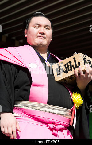 Sumo wrestler and Yokozuna Hakuho Sho attends a Setsubun festival at Naritasan Shinshoji Temple on February 3, 2016, in Chiba, Japan. Setsubun is an annual Japanese festival celebrated on February 3rd and marks the day before the beginning of Spring. Celebrations involve throwing soybeans (known as mamemaki) out of the house to protect against evil spirits and into the house to invite good fortune. In many Japanese families one member will wear an ogre mask whilst others throw beans at him or her. The celebration at Naritasan Shinshoji Temple is one of the biggest in Japan and organizers this Stock Photo