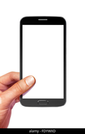 smartphone with white screen for design in hand Stock Photo