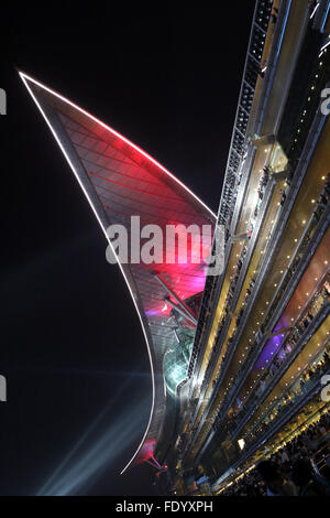 Dubai, United Arab Emirates, the tribune of Meydan Racecourse at night Stock Photo