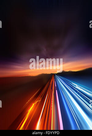Super Fast. fast Light trails speeding into the distant landscape. Stock Photo