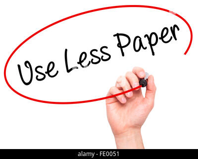 Man Hand writing Use Less Paper with black marker on visual screen. Isolated on background. Business, technology, internet conce Stock Photo