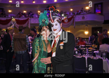 Vice President Harald Anton 'Toni' Schumacher and his wife Jasmin (L) pose during the 1. FC Koeln carnival meeting in Cologne, Germany, 02 February 2016. Photo: Henning Kaiser/dpa Stock Photo