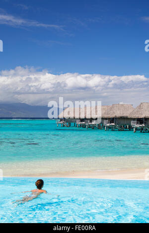 Woman in pool at Sofitel Hotel, Moorea, Society Islands, French Polynesia Stock Photo