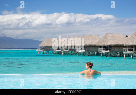 Woman in pool at Sofitel Hotel, Moorea, Society Islands, French Polynesia Stock Photo