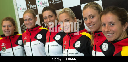 Leipzig, Germany. 03rd Feb, 2016. German tennis players Anna-Lena Friedsam (L-R), Anna-Lena Groenefeld, Andrea Petkovic, Barbara Rittner, captain of the German Tennis Federation team at the Fed Cup, Angelique Kerber and Annika Beck pose after a press conference ahead of the Fed Cup quarter finals match between Germany and Switzerland in Leipzig, Germany, 03 February 2016. Photo: HENDRIK SCHMIDT/dpa/Alamy Live News Stock Photo