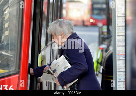 Shirley Willams / Baroness Williams of Crosby, getting on a bus in the Strand, London. Stock Photo