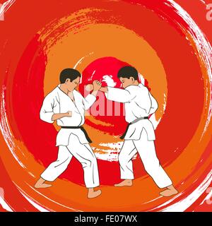 Illustration, two boys demonstrate karate Stock Photo