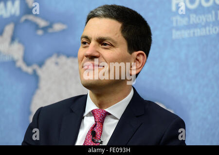 David Miliband delivers lecture on the Syrian crisis at Chatham House, London, Britain - 03 Feb 2016 Stock Photo