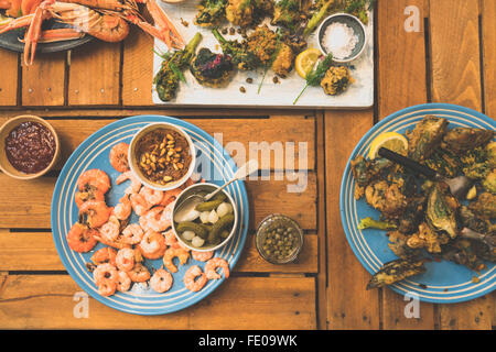 A bunch of tempura vegetables and prawns. Stock Photo