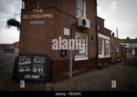 The Blossoms pub in Stockport which the band Blossoms, take their name. The guitar pop band have come fourth on the BBC Sound of 2016 list, which highlights the hottest new acts for the new year. The five members, who were all born in the same Stockport hospital, formed in 2013 and have honed their sound by rehearsing in their bassist's granddad's scaffolding yard take their name from a local pub. Stock Photo