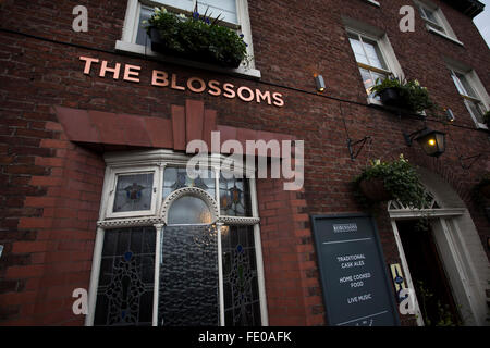 The Blossoms pub in Stockport which the band Blossoms, take their name. The guitar pop band have come fourth on the BBC Sound of 2016 list, which highlights the hottest new acts for the new year. The five members, who were all born in the same Stockport hospital, formed in 2013 and have honed their sound by rehearsing in their bassist's granddad's scaffolding yard take their name from a local pub. Stock Photo