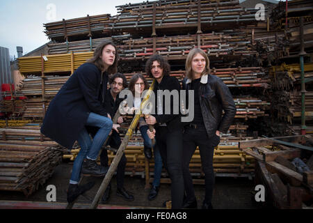 Stockport band Blossoms, pictured in a scaffolders' yard in the town. The guitar pop band have come fourth on the BBC Sound of 2016 list, which highlights the hottest new acts for the new year. The five members, who were all born in the same Stockport hospital, formed in 2013 and have honed their sound by rehearsing in their bassist's granddad's scaffolding yard take their name from a local pub. Stock Photo