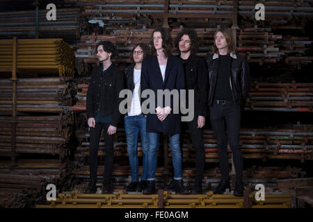 Stockport band Blossoms, pictured in a scaffolders' yard in the town. The guitar pop band have come fourth on the BBC Sound of 2016 list, which highlights the hottest new acts for the new year. The five members, who were all born in the same Stockport hospital, formed in 2013 and have honed their sound by rehearsing in their bassist's granddad's scaffolding yard take their name from a local pub. Stock Photo