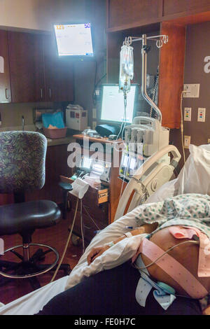 pregnant woman in hospital bed with monitoring of twins Stock Photo