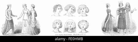 FEMALE DRESS: 14th Century; Ladies Hair style, antique print 1845 Stock Photo