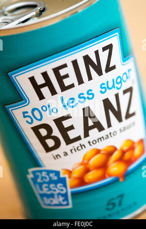 50% less sugar label on a tin of Heinz Baked Beans Stock Photo