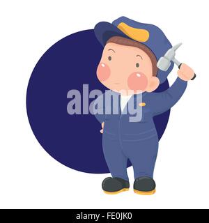 Vector Illustration of Service Mechanic Man with Hammer in Blue Work wear on Blue Circle Background, Cartoon Character Stock Vector