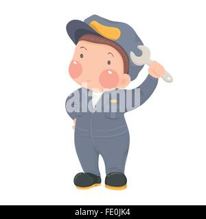Vector Illustration of Service Mechanic Worker in Gray Work wear holding Wrench Cartoon Character on White Background Stock Vector