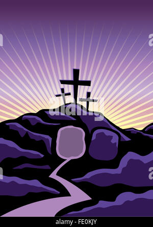 A Christian Easter background with empty tomb and crosses. Stock Photo